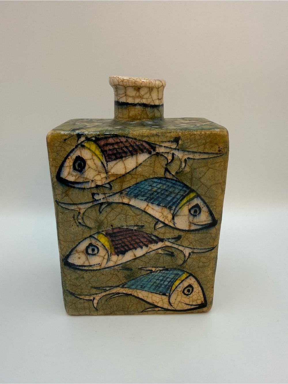 Vintage Persian Clay Pottery Vase w/Fish 6.5” Tall